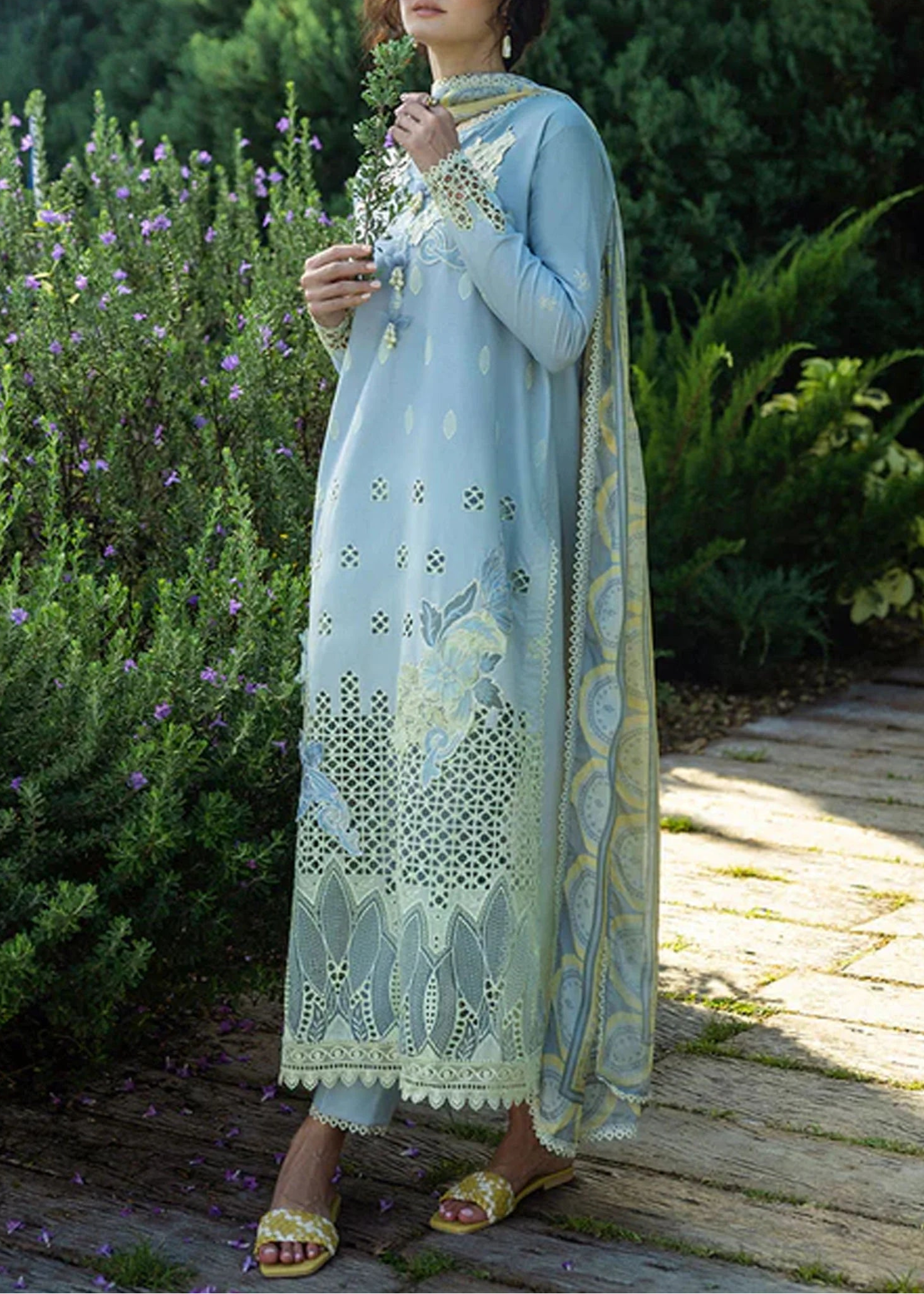 Grace S1241-Embroidered 3pc Cutwork Lawn Dress With Printed Munar Dupatta.