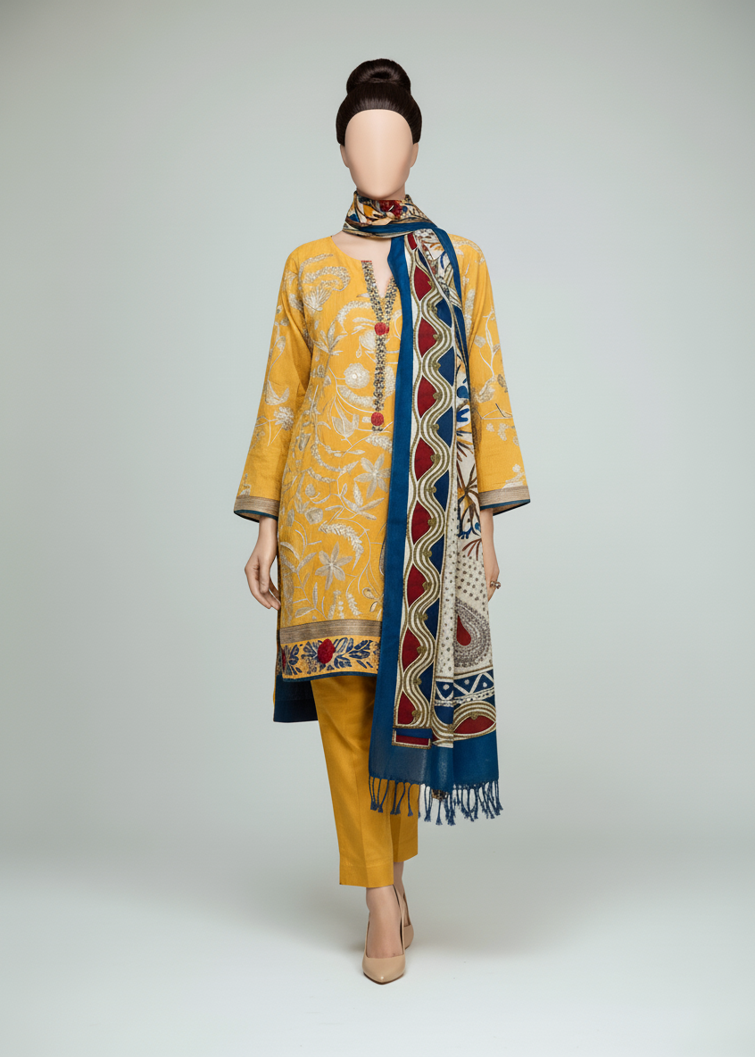 Grace Z-(W538)- Stitched Embroidered 3pc khaddar dress With Printed shawl.
