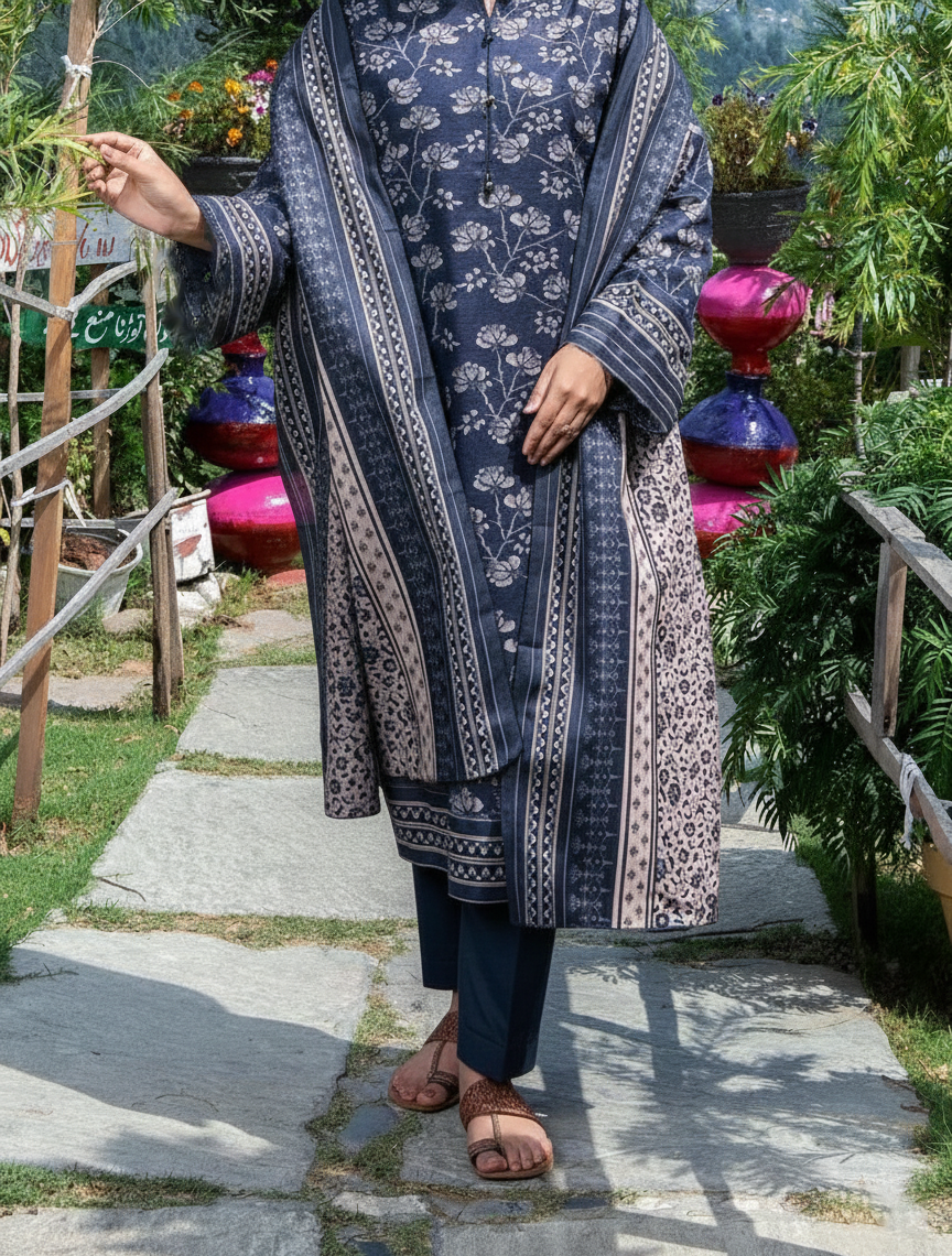 Grace W878 - Digital Printed 3pc Karandi Dress With Digital Printed Karandi Shawl.