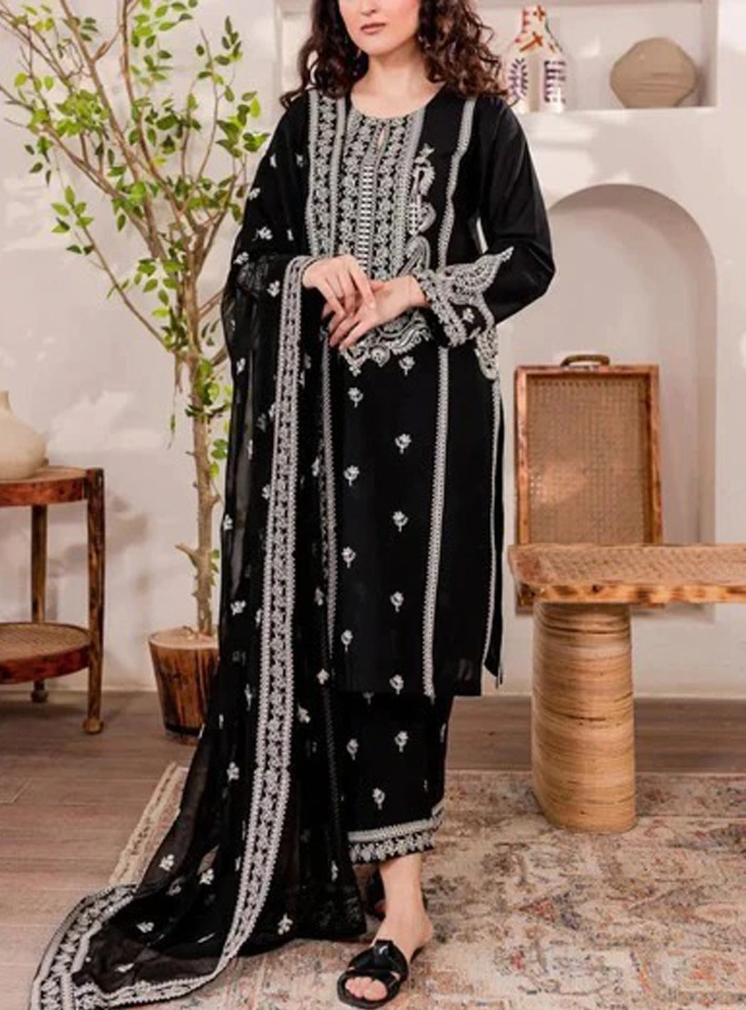 Grace W201-Embroidered 3pc marina dress with Embroidered marina shawl.