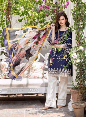 Mnara Blue-Heavy Embroidered  Self Jacquard Lawn 3pc dress with Silk dupatta.