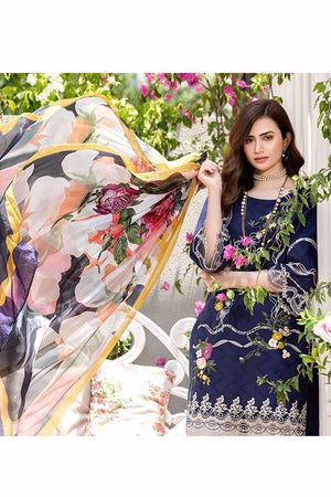 Mnara Blue-Heavy Embroidered  Self Jacquard Lawn 3pc dress with Silk dupatta.