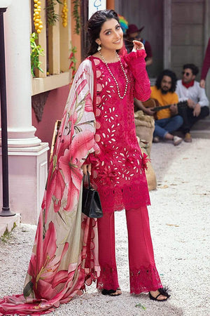 Mushq ruby -Shifli Heavy Embroidered in Laser cutwork & 3D flowers 3pc lawn dress with Silk dupatta.