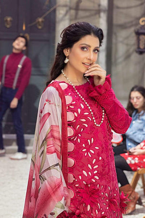 Mushq ruby -Shifli Heavy Embroidered in Laser cutwork & 3D flowers 3pc lawn dress with Silk dupatta.