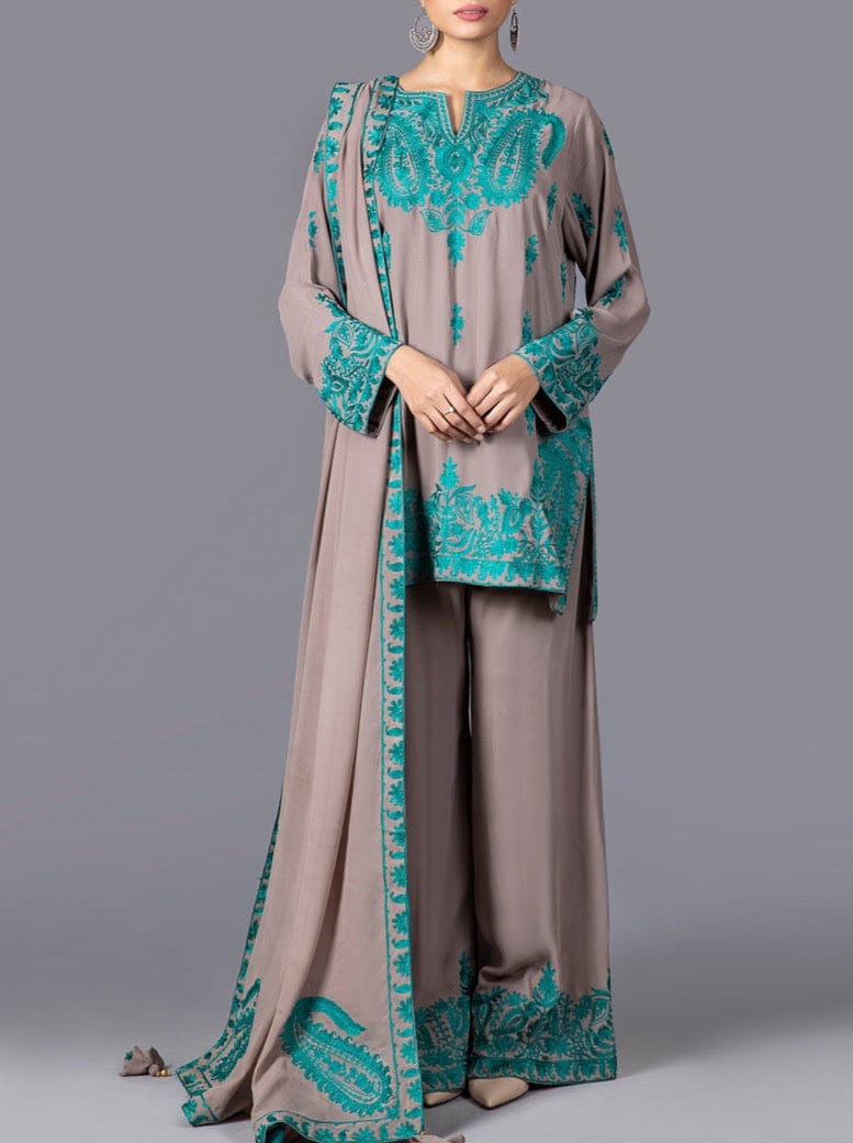 Grace W305- Embroidered 3pc linen dress with Embroidered chiffon dupatta.