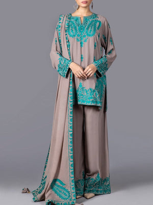 Grace W35 - Embroidered 3pc linen dress with embroidered Linen dupatta.