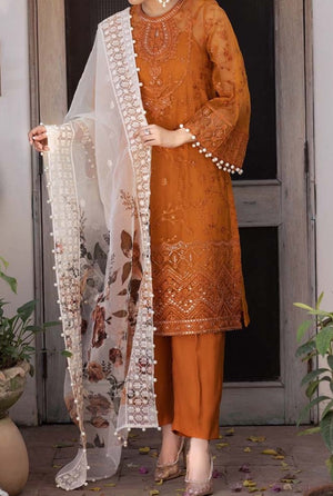 Grace S215- Embroidered 3pc linen dress with Digital Printed Organza Dupatta