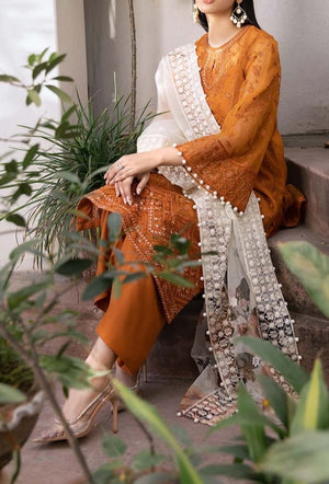 Grace S215- Embroidered 3pc linen dress with Digital Printed Organza Dupatta
