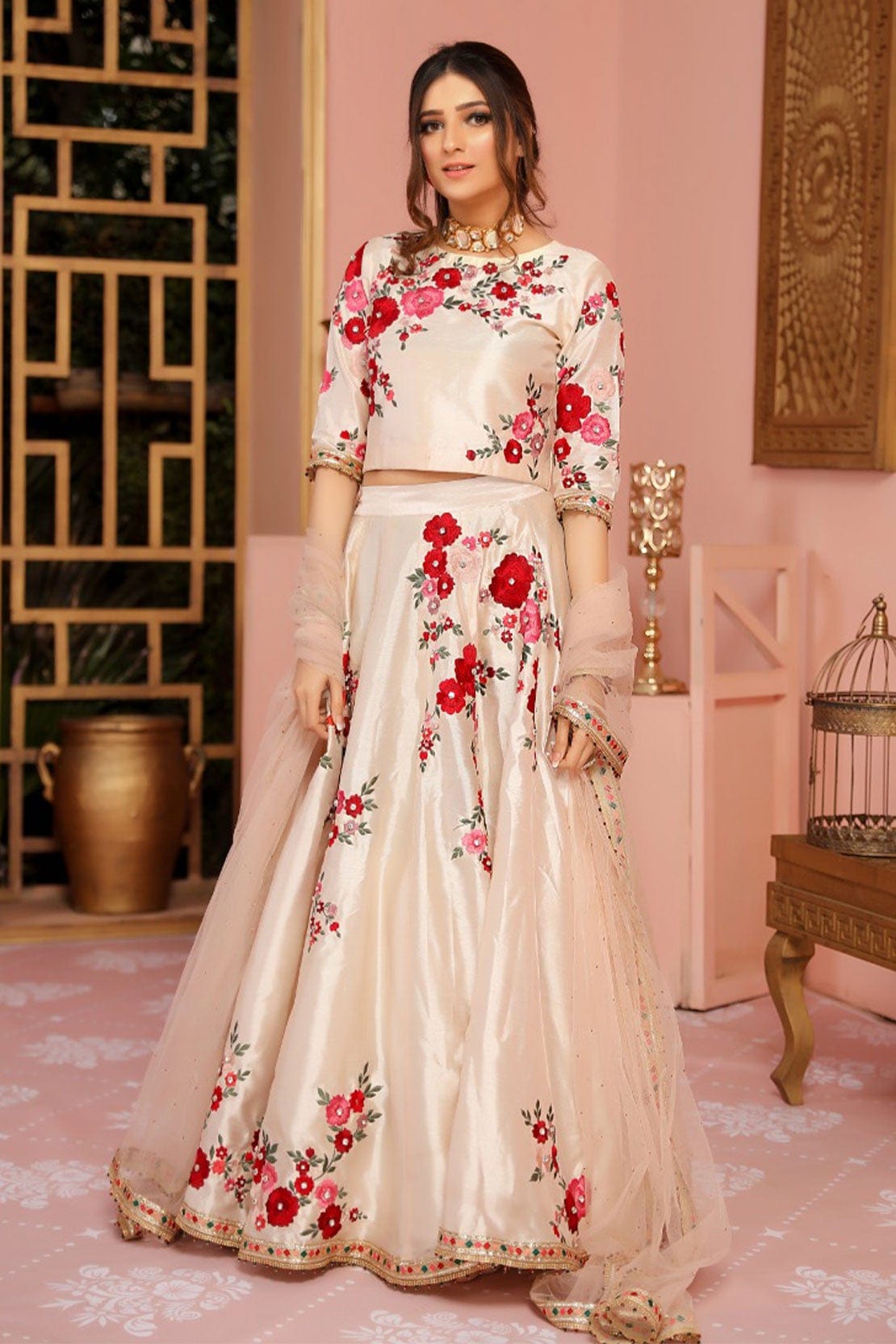 Agha Hassan-Embroidered 3pc silk dress with embroidered organza duppata.