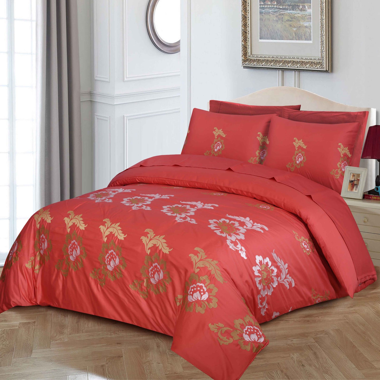 FL0014- 6PC Embroidered Luxury Sateen Duvet Cover Set King Size.