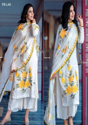 Grace white-Embroided 3pc linen dress with chiffon dupatta. - gracestore.pk