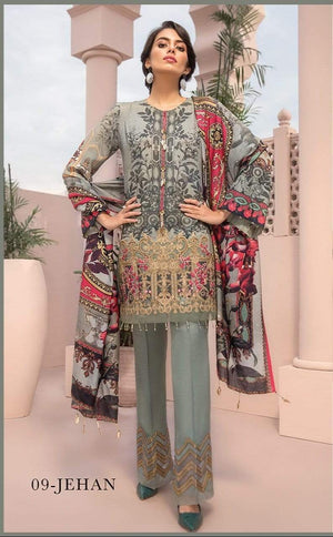 JZ 37-Embroidered 3pc unstiched lawn dress with printed chiffon dupatta.