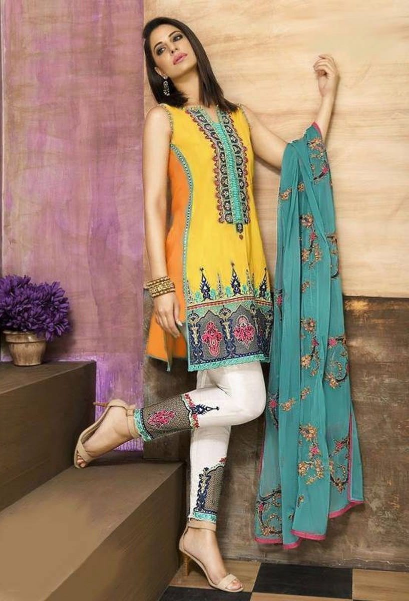 Asim Jofa Yellow-Embroidered 3pc linen dress with embroidered chiffon dupatta.