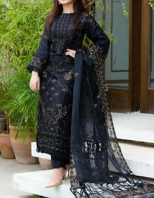 Grace W12 - Embroidered 3pc linen dress with embroidered chiffon dupatta