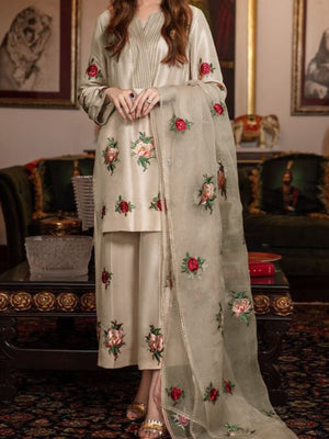 Grace S351-  Embroidered 3pc silk dress with embroidered organza dupatta.