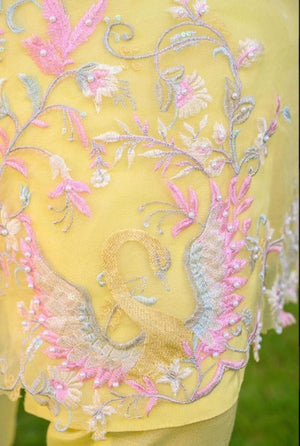 Omal By Komal's Yellow-Embroidered 3pc organza dress with digital printed organza duppata.
