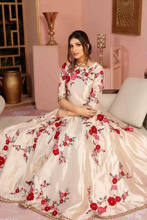 Agha Hassan-Embroidered 3pc silk dress with embroidered organza duppata.