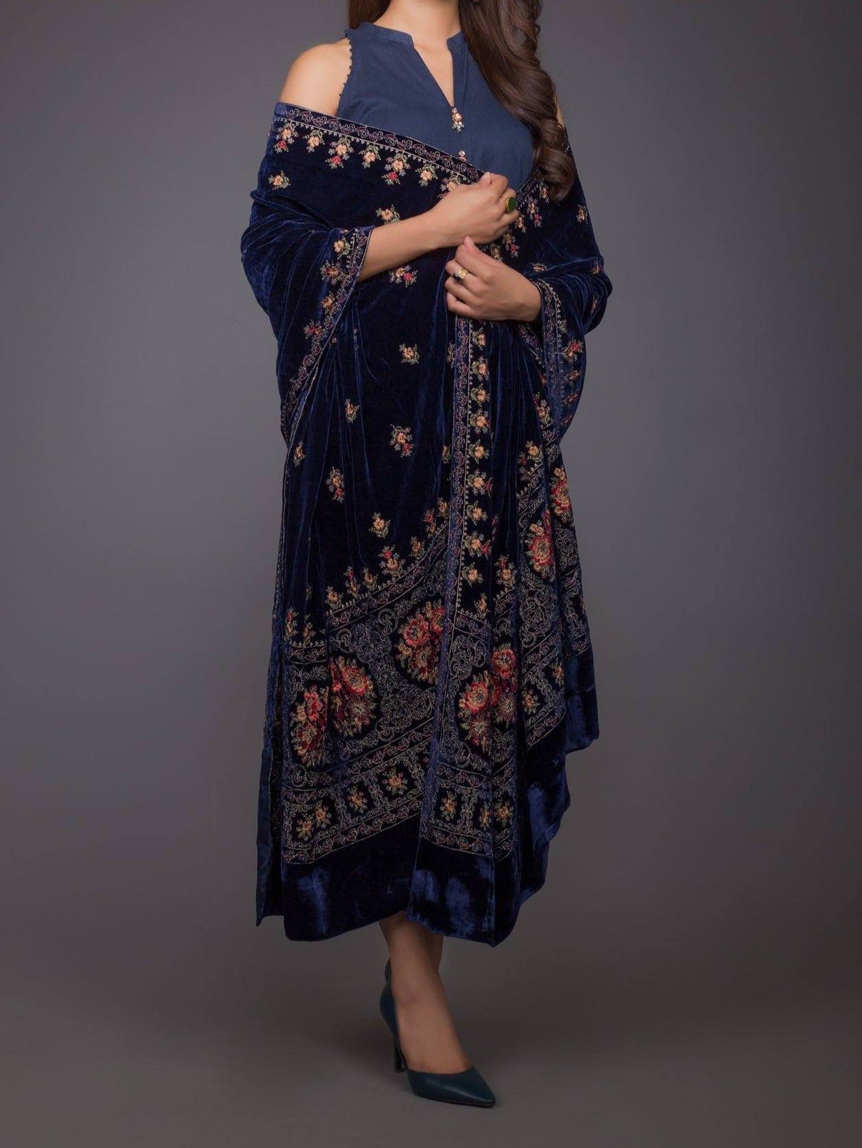 Victorian Range - Embroidered fine Quality Velvet Blue Shawl - gracestore.pk