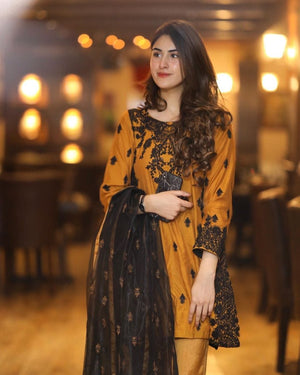 Grace W84-  Embroidered 3pc silk dress with embroidered organza dupatta.