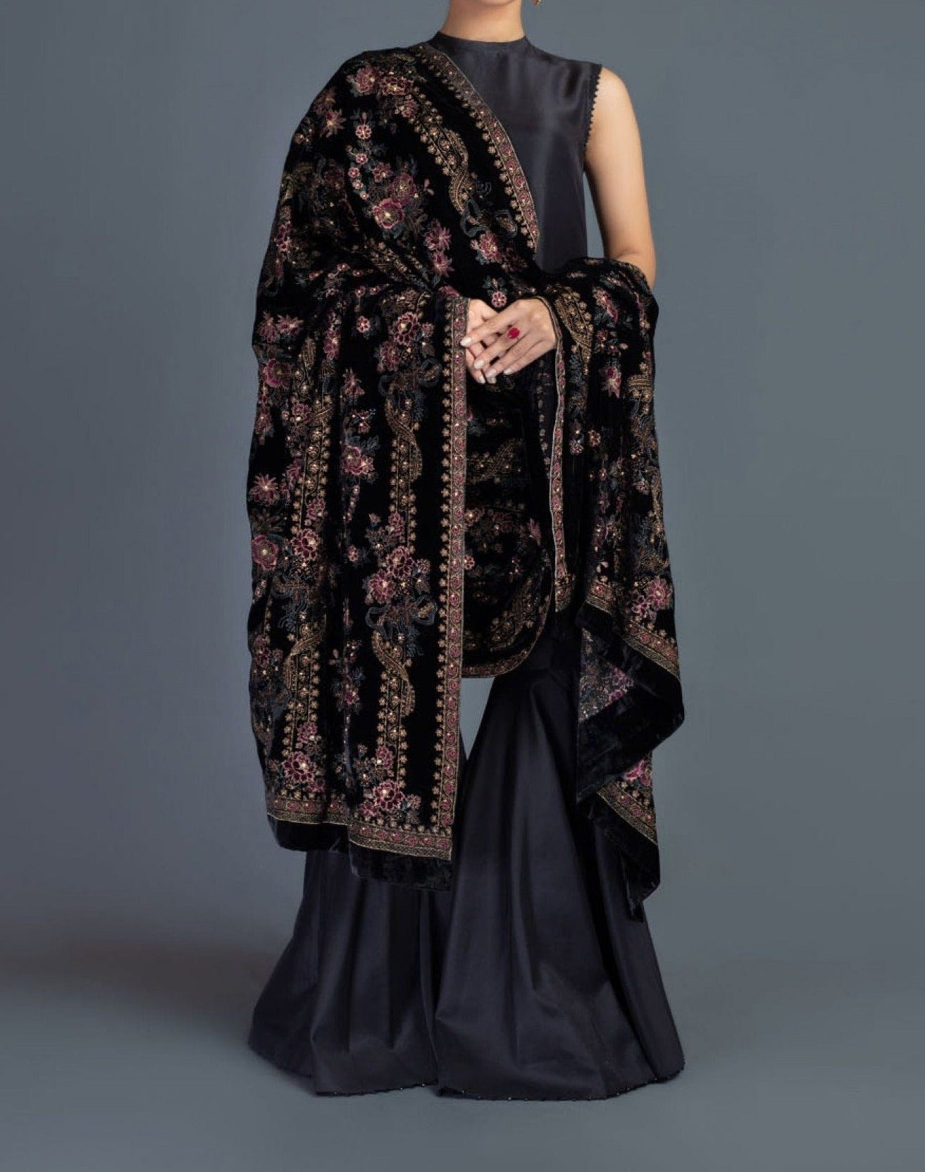 Rose Charm - Formal Heavy Embroidered Fancy Velvet Black Shawl - gracestore.pk