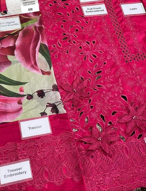 Mushq ruby -Shifli Heavy Embroidered in Laser cutwork & 3D flowers 3pc lawn dress with Silk dupatta.