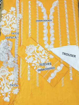 IVY yellow-Embroidered 3pc linen dress with embroidered chiffon dupatta.
