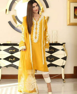 IVY yellow-Embroidered 3pc linen dress with embroidered chiffon dupatta.