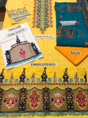 Grace yellow S33 -Embroidered 3pc lawn dress with embroidered chiffon dupatta.