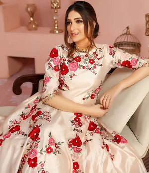 Agha Hassan-Embroidered 3pc silk dress with embroidered organza duppata.