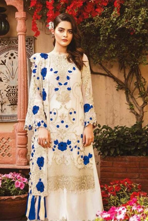 Grace W18-  Embroidered 3pc Linen dress with Organza embroidered upper shirt &amp; dupatta.