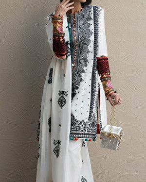 Grace W63 - Embroidered 3pc linen dress with embroidered chiffon dupatta.
