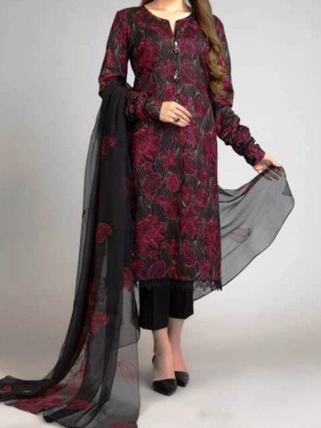 Grace W74 - Embroidered 3pc linen dress with embroidered chiffon dupatta.