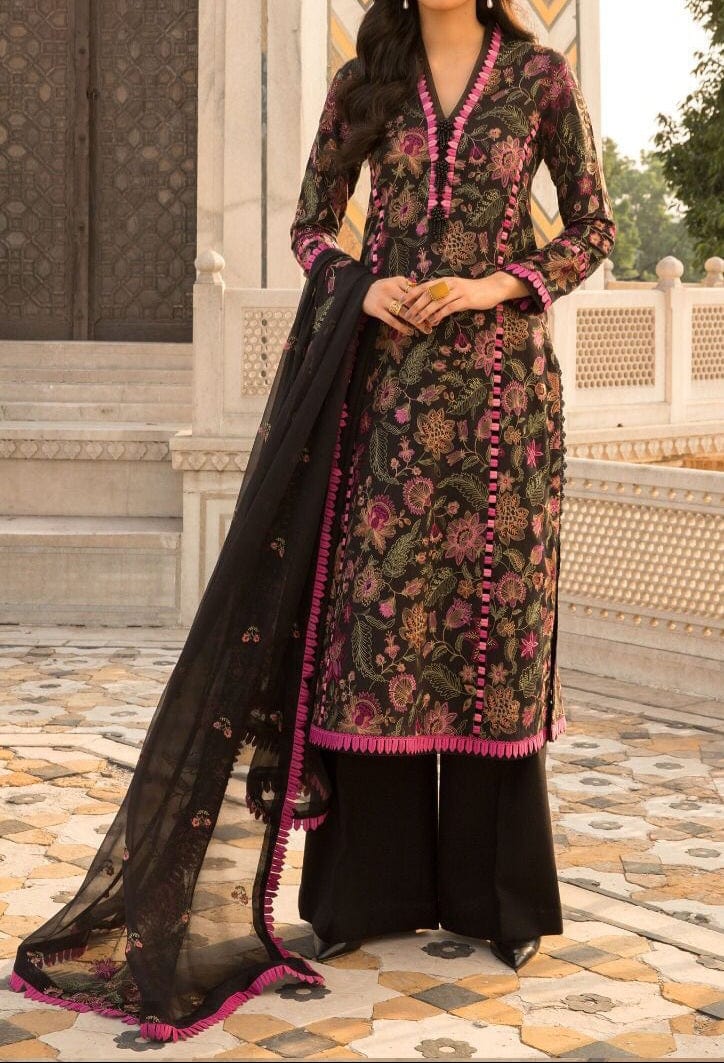 Grace W78 - Embroidered 3pc linen dress with embroidered chiffon dupatta.