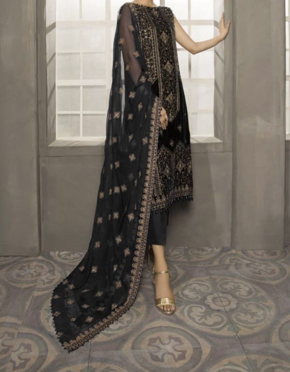 Grace W162 - Embroidered 2pc Velvet Shirt with embroidered chiffon dupatta