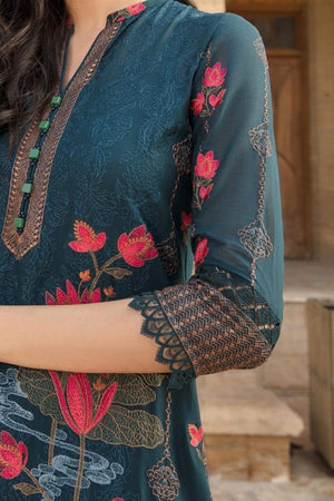 Grace A22-Embroided 3pc karandi dress with embroidered chiffon dupatta.