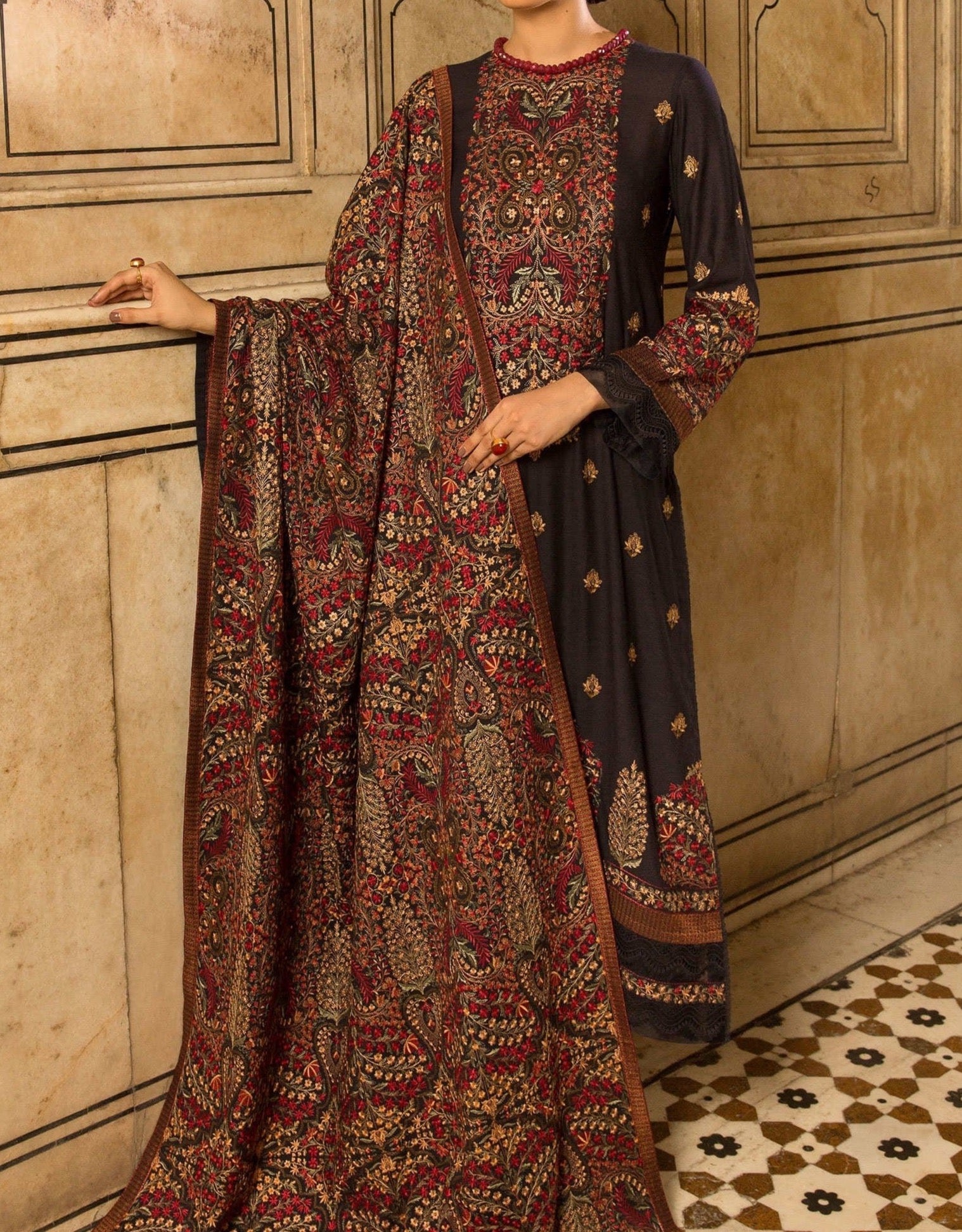 Grace W153 -Embroidered 3pc marina dress with Embroidered marina shawl.