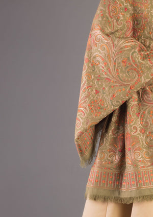 Sarinnah D18 Mehndi-Formal heavy Embroidered Karandi Shawl