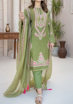 Grace S218- Embroidered 3pc linen dress with Embroidered Organza Dupatta