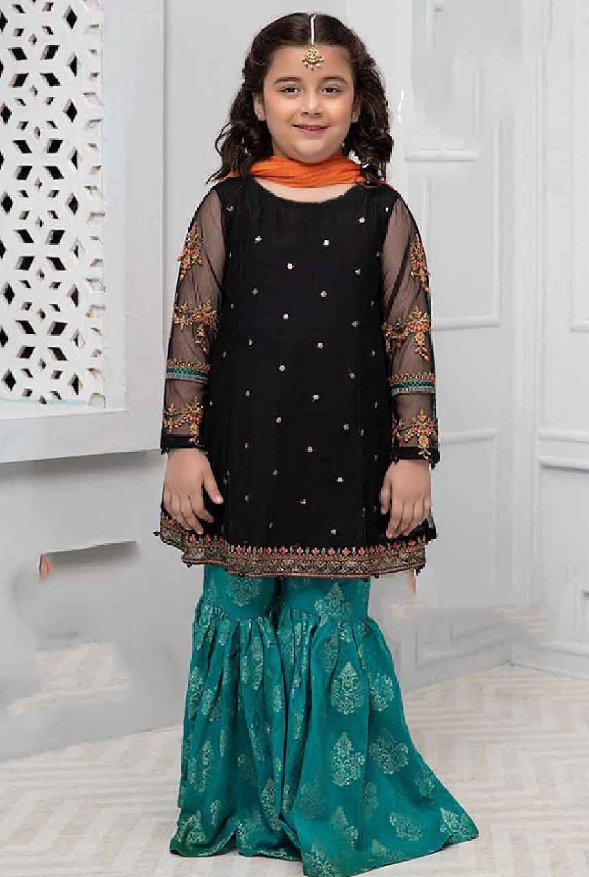 Maria 237 Black-Kids Embroided 3pc Chiffon dress with net dupatta.