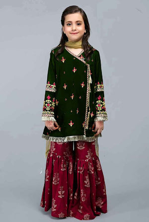 Maria 06 green-Kids Embroided 3pc chiffon dress with net dupatta.