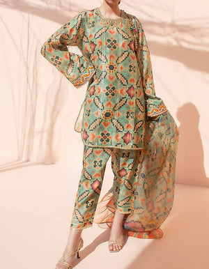 Grace W11 - Unstitched 3Pc Digital Printed Kataan silk dress with organza Printed dupatta