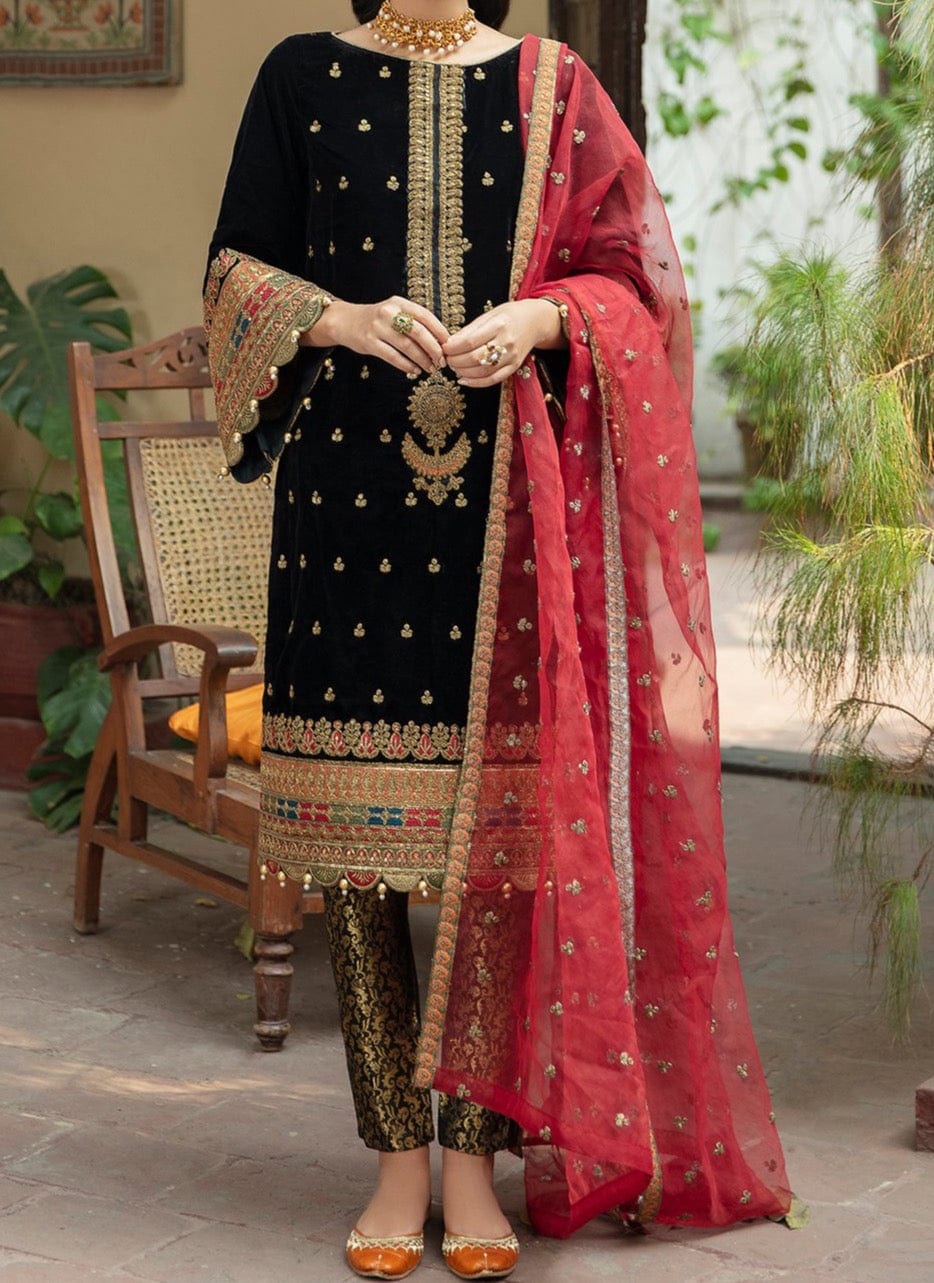 Grace A57- Embroidered 3pc velvet dress with embroidered organza dupatta