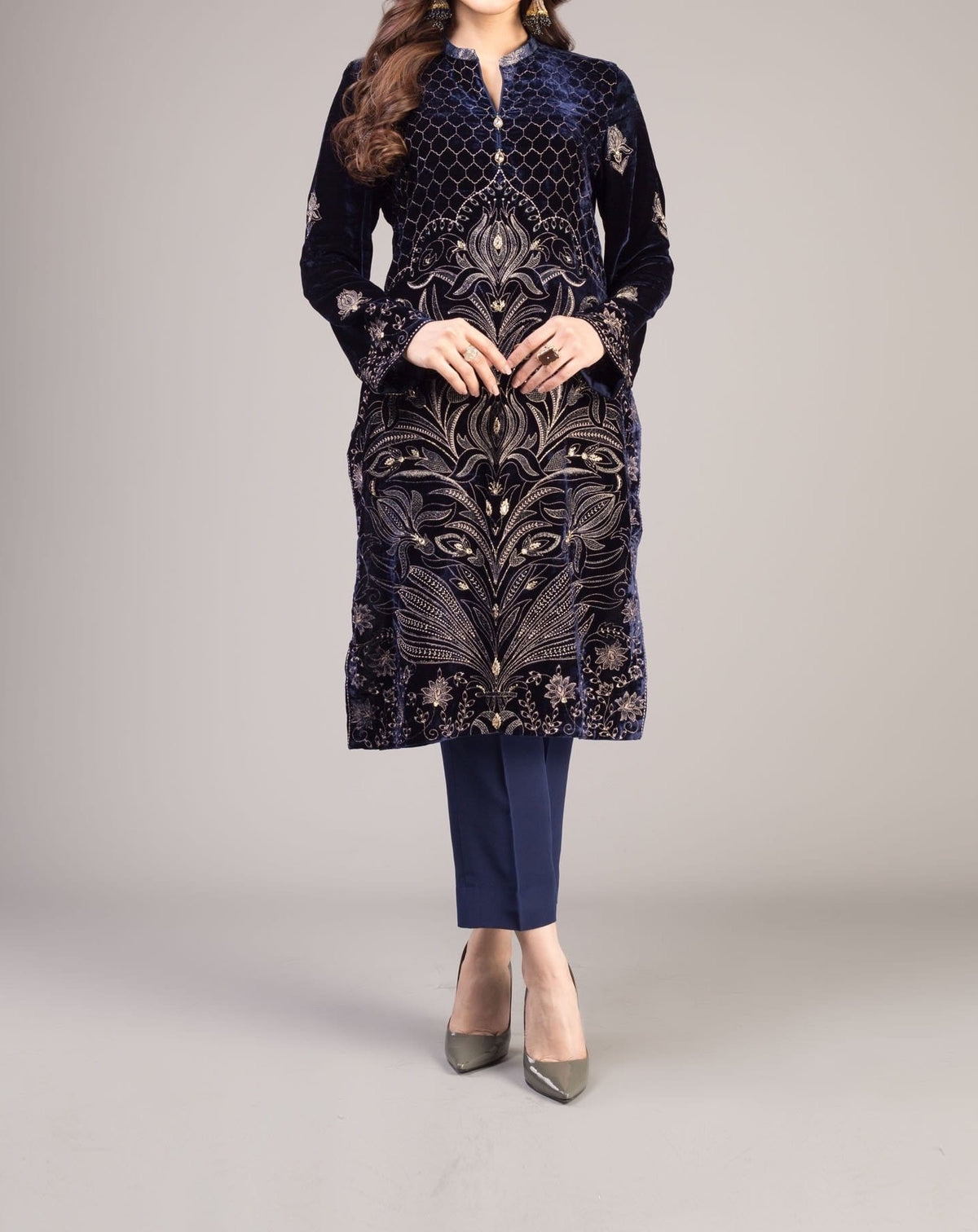 Grace Midnight blue - Embroidered Velvet Shirt.