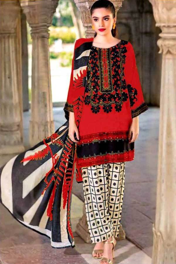 Charizma 18354 A-Embroidered 3pc linen dress with printed shawl.