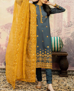 Grace W44 - Embroidered 3pc linen dress with embroidered crinkle dupatta.