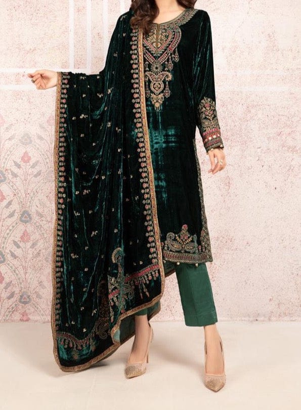 Grace Emerald - Embroidered 3pc velvet dress with Velvet Embroidered shawl