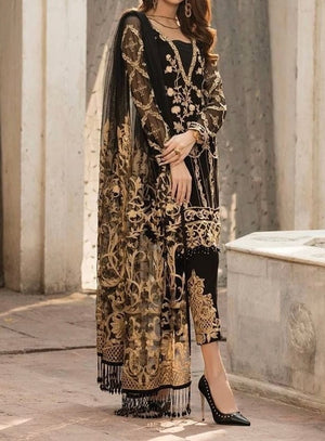 Grace S203-Embroided 3pc linen dress with embroidered chiffon dupatta.