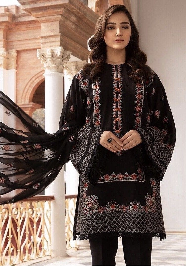 Bareeze black 17006-Embroided 3pc lawn dress with embroided chiffon dupatta. - gracestore.pk