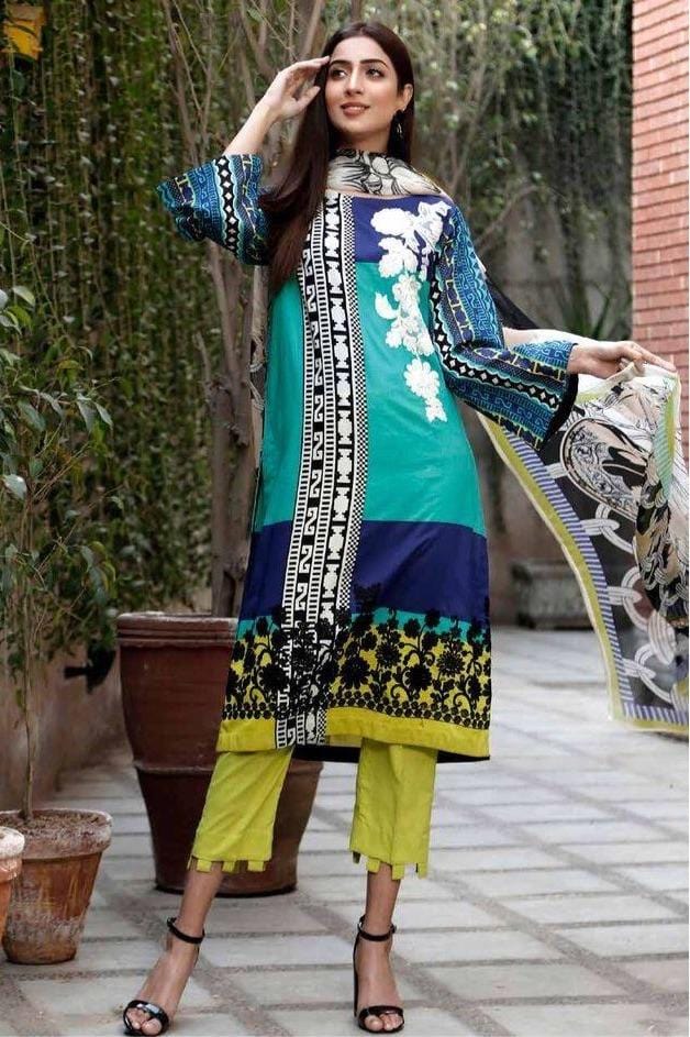 Charzima 920116 A-Embroidered 3pc lawn dress with printed chiffon dupatta.