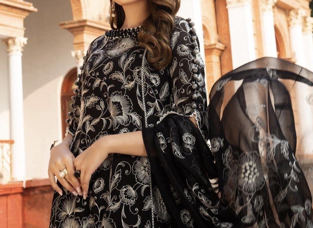 Grace A6 Black-Embroided 3pc linen dress with embroidered chiffon dupa -  gracestore.pk